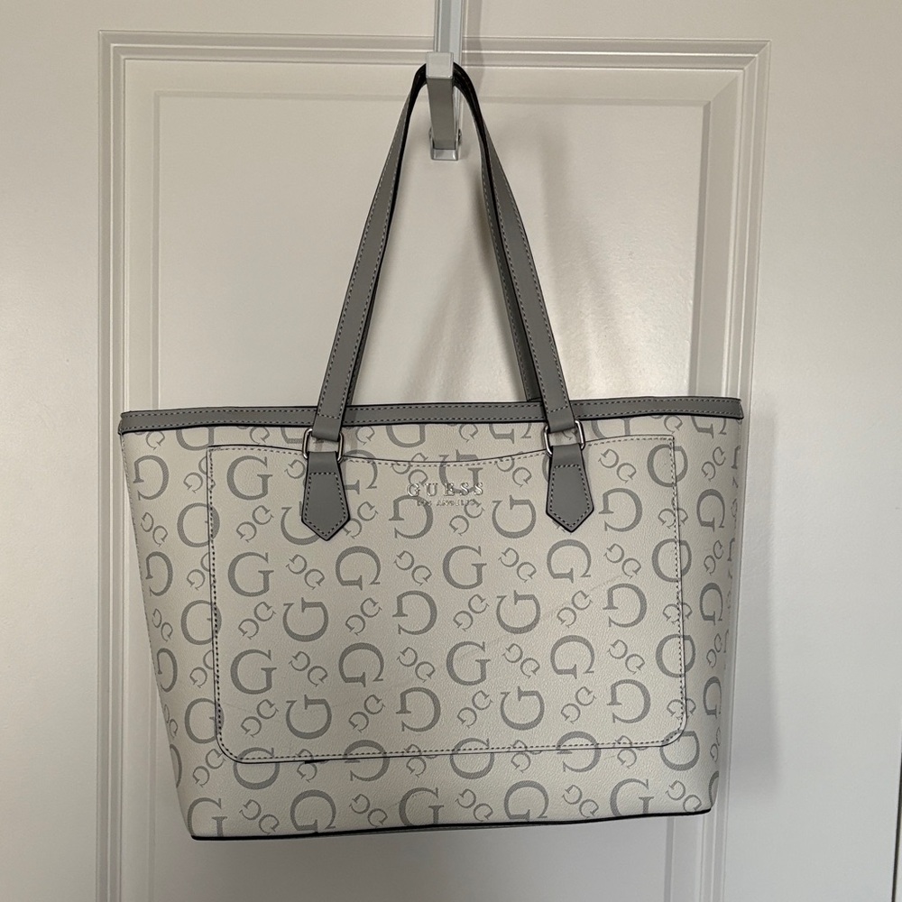 Guess Cream and Gray Logo Tote NWOT